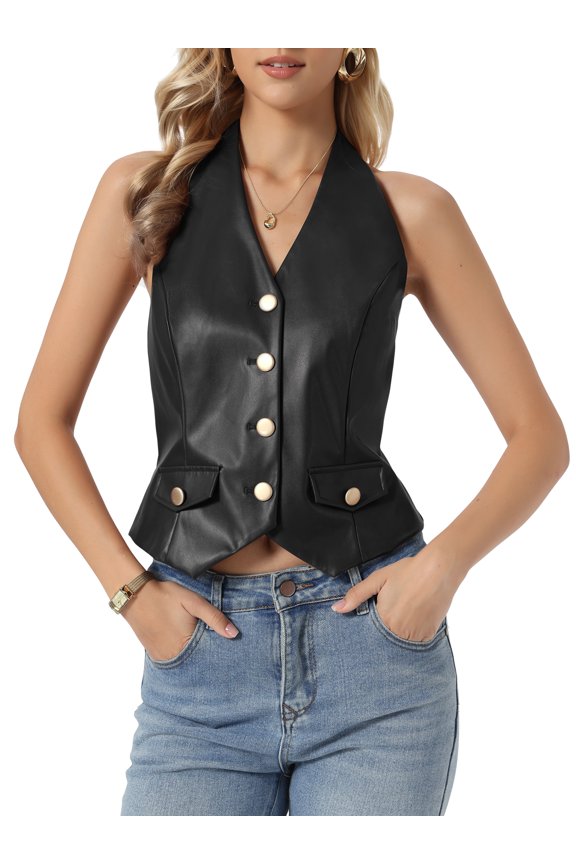 Faux Leather Vest for Women's Backless Button Down V Neck Halter Vest XL Black