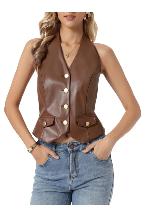 Faux Leather Vest for Women's Backless Button Down V Neck Halter Vest XS Brown