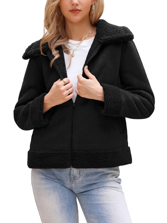 Faux Shearing Fur Winter Coat for Women Warm Thick Fur Lined Faux Leather Jacket XL Black