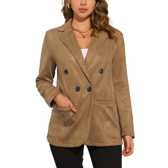 INSPIRE CHIC Faux Suede Blazer for Women's Dressy Lapel Collar Double Breasted Suit Jacket XS Light Brown