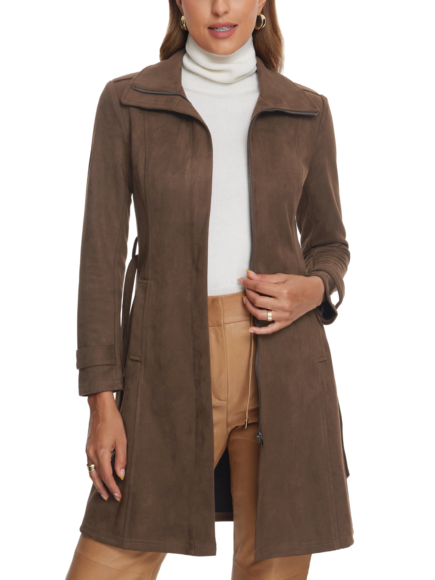 INSPIRE CHIC Faux Suede Coat for Women's Belted Long Zipper Jacket with ...