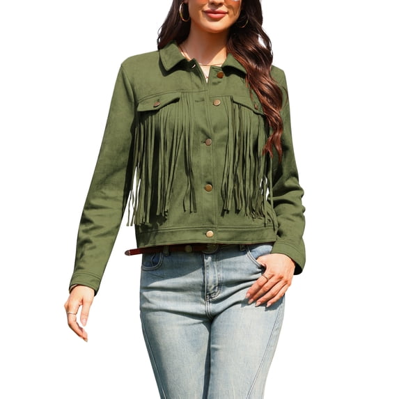 INSPIRE CHIC Faux Suede Fringe Jacket for Women's Button Down Long Sleeve Western Vintage Jackets S Army Green
