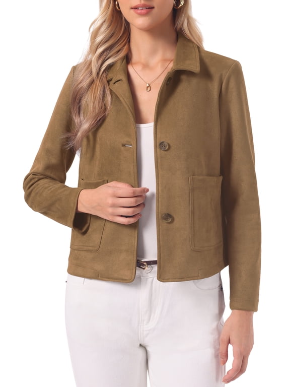 Faux Suede Jacket for Women's Button Down Point Collar Pockets Fall Winter Cropped Jacket S Brown