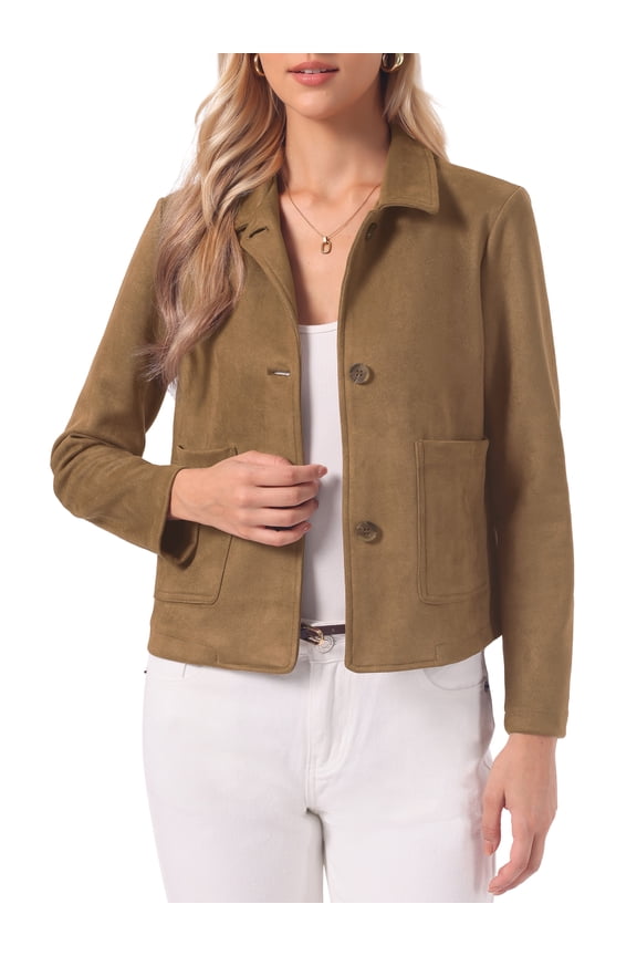 Faux Suede Jacket for Women's Button Down Point Collar Pockets Fall Winter Cropped Jacket S Brown