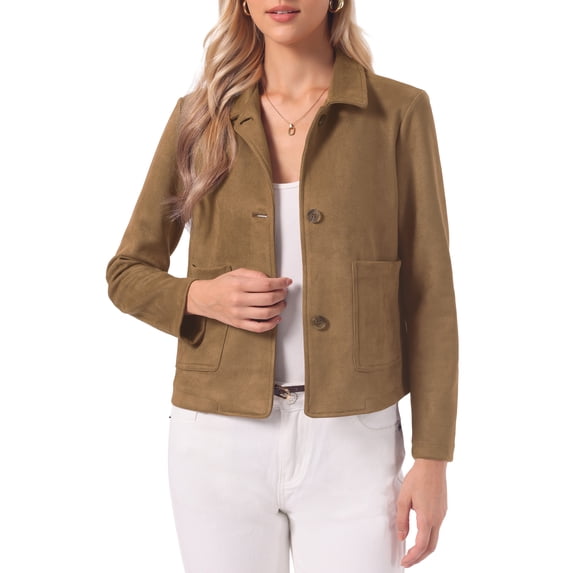 INSPIRE CHIC Faux Suede Jacket for Women's Button Down Point Collar Pockets Fall Winter Cropped Jacket XS Brown