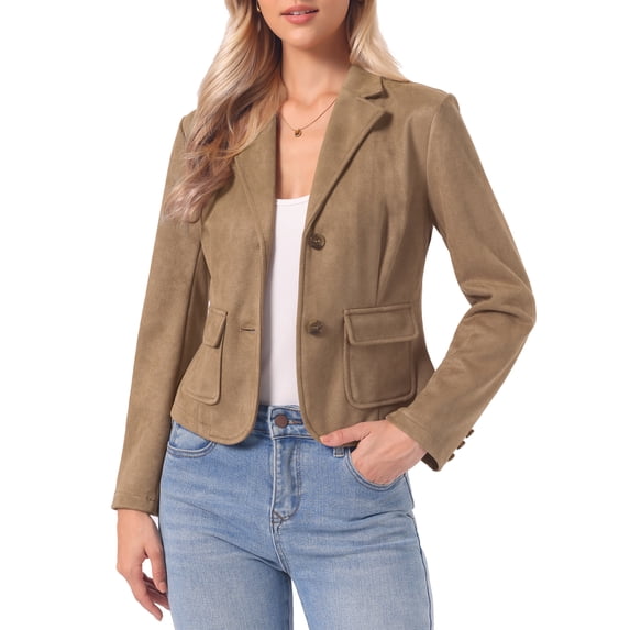 INSPIRE CHIC Faux Suede Jacket for Women's Notched Lapel Button Down Pockets Slim Fall Winter Cropped Blazer S Brown