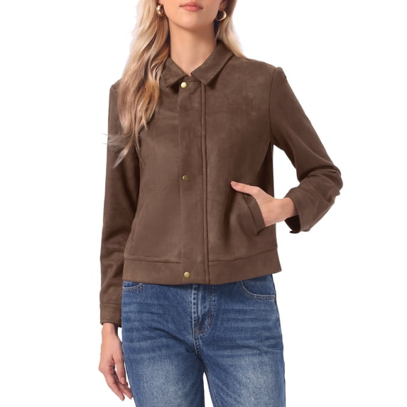 INSPIRE CHIC Faux Suede Jacket for Women's Point Collar Long Sleeves Zipper Jacket with Pockets XS Coffee