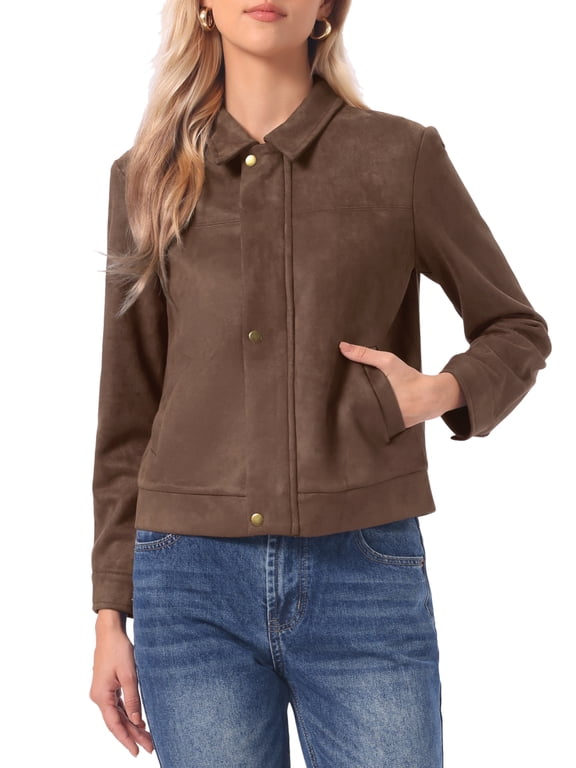Faux Suede Jacket for Women's Point Collar Long Sleeves Zipper Jacket with Pockets XS Coffee