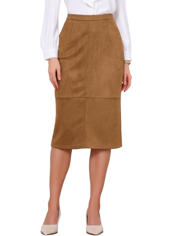Faux Suede Skirt for Women Back Slit High Waist Patchwork Business Casual Straight Skirts L Caramel