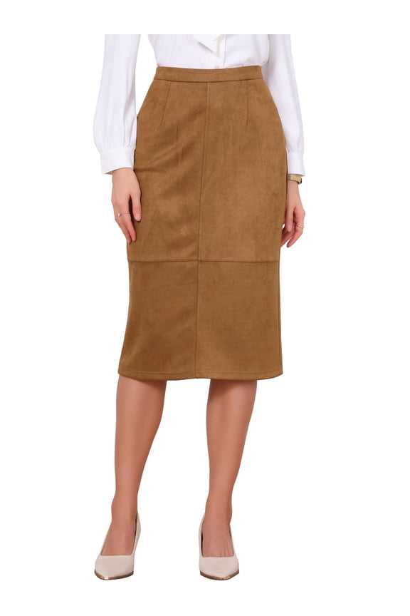 Faux Suede Skirt for Women Back Slit High Waist Patchwork Business Casual Straight Skirts M Caramel