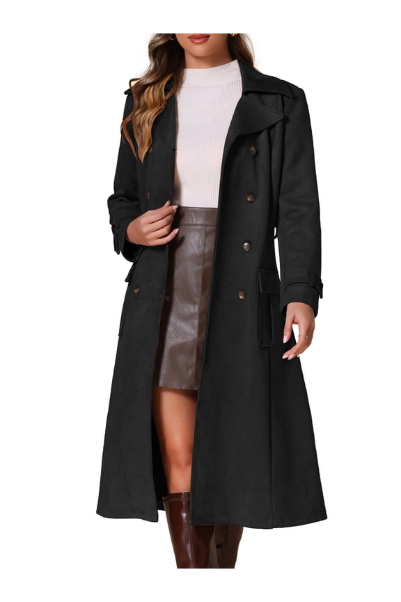 Faux Suede Trench Coat for Women's Notched Lapel Double Breasted Belted Long Sleeves Coats L Black