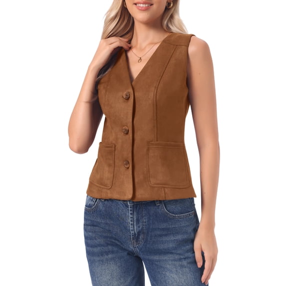 INSPIRE CHIC Faux Suede Vest for Women's Button Down V Neck Waistcoat with Pockets M Dark Brown
