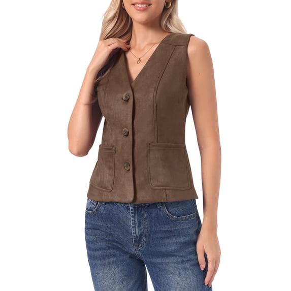 INSPIRE CHIC Faux Suede Vest for Women's Button Down V Neck Waistcoat with Pockets XS Brown