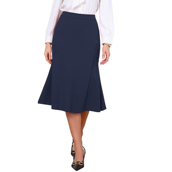 INSPIRE CHIC Fishtail Skirt for Women Panel High Waist Side Pockets Work Office Midi Skirts XS Navy Blue