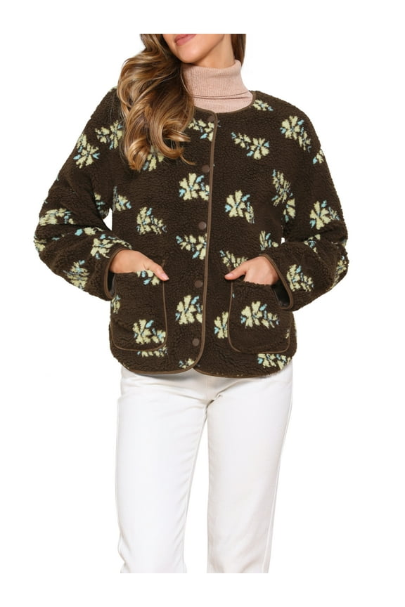 Fleece Jacket for Women's Vintage Floral Print Long Sleeve Winter Warm Outwear Collarless Faux Shearling Coat M Brown