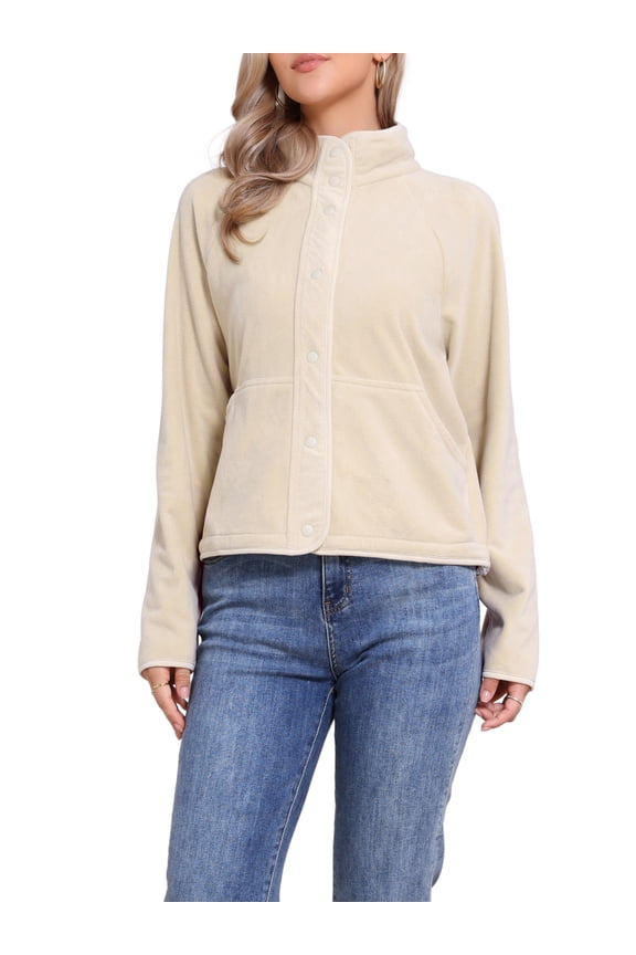 Fleece Short Jacket for Women Button Down Lightweight Long Sleeve Soft Fall Crop Jackets with Pockets XL Beige