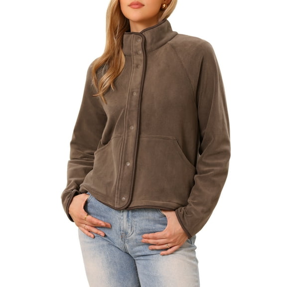 INSPIRE CHIC Fleece Short Jacket for Women Button Down Lightweight Long Sleeve Soft Fall Crop Jackets with Pockets XS Coffee