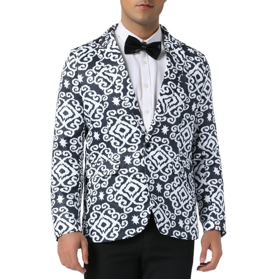 INSPIRE CHIC Floral Blazer for Men's Formal Notch Lapel One Button Retro Flower Sports Coat M Black