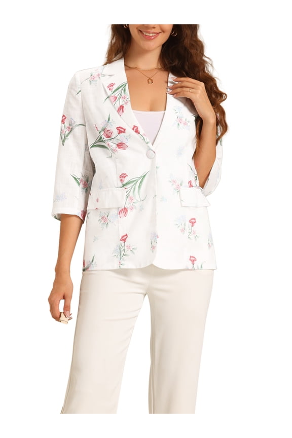 Floral Blazer for Women's 3/4 Sleeve Notch Lapel Lightweight Casual Blazer Jacket XS White