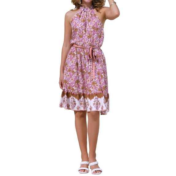 INSPIRE CHIC Floral Boho Dress for Women's Summer Beach Belted Halter Neck Sleeveless Sundress XS White Pink