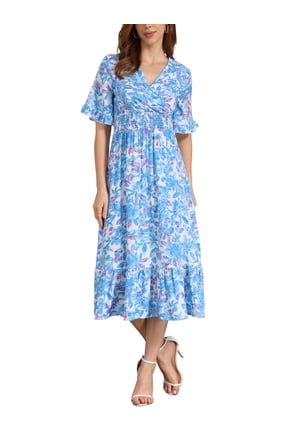 Floral Dress for Women's Casual Ruffled Hem Wrap Short Sleeve Midi Dress L Blue White
