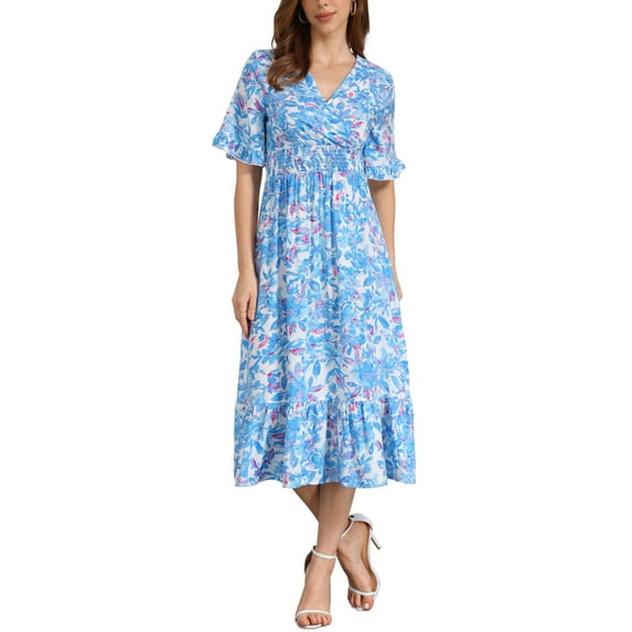 INSPIRE CHIC Floral Dress for Women's Casual Ruffled Hem Wrap Short Sleeve Midi Dress XS Blue White