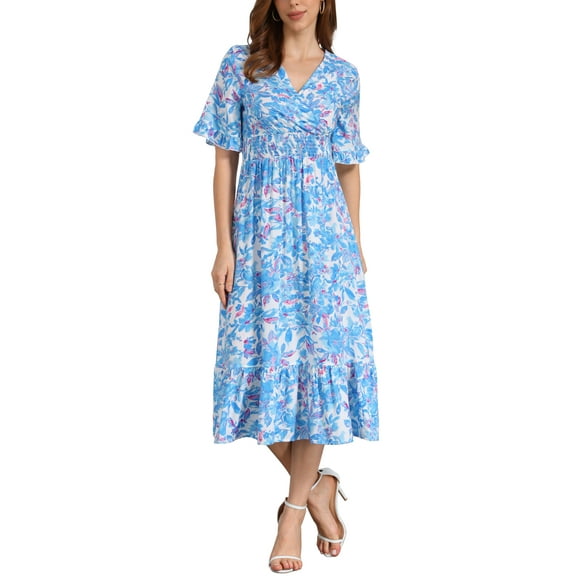 INSPIRE CHIC Floral Dress for Women's Casual Ruffled Hem Wrap Short Sleeve Midi Dress XS Blue White