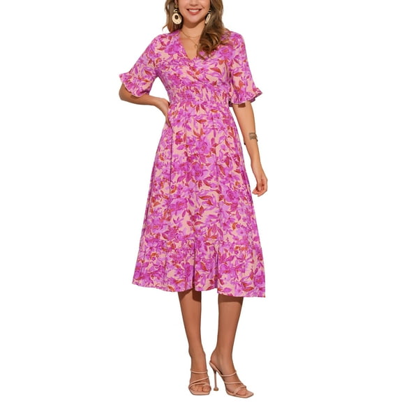 INSPIRE CHIC Floral Dress for Women's Casual Ruffled Hem Wrap Short Sleeve Midi Dress XS Rose Pink