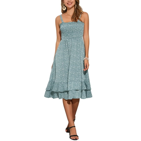 INSPIRE CHIC Floral Dress for Women's Casual Spaghetti Strap Ruffled Midi Dress XS Green