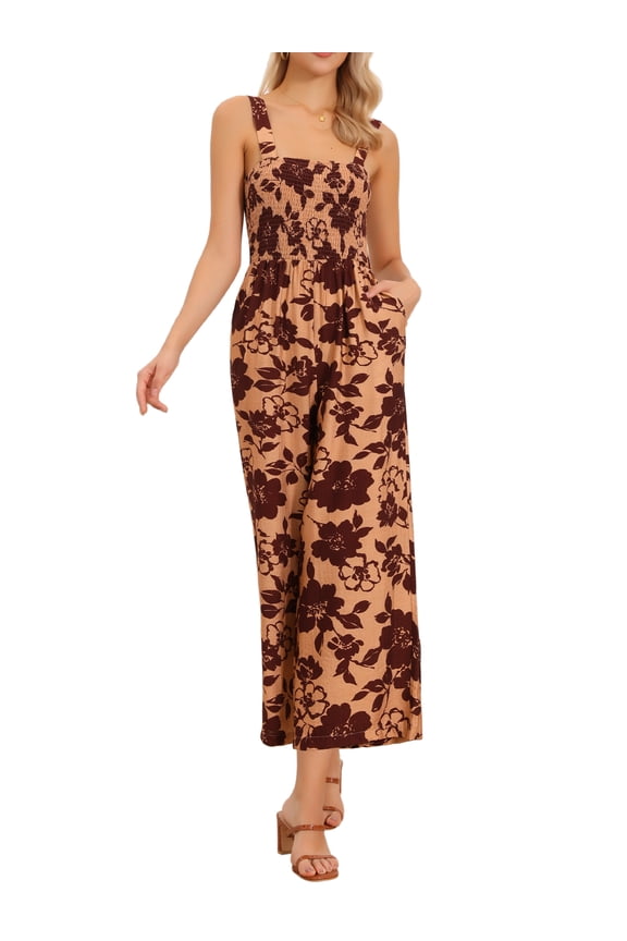 Floral Jumpsuits for Women's Casual Sleeveless High Waist Wide Leg Long Pants Rompers with Pockets L Orange