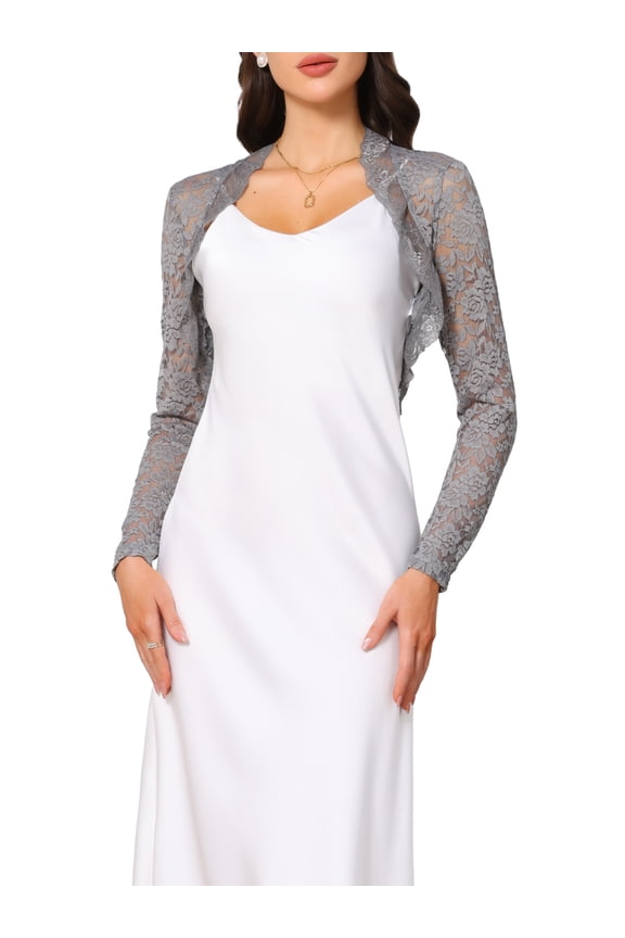 Valentine's Day Floral Lace Shrug for Women's Ruffle Evening Long Sleeve Open Front Cropped Cardigan M Grey