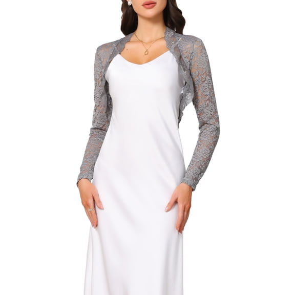 INSPIRE CHIC Valentine's Day Floral Lace Shrug for Women's Ruffle Evening Long Sleeve Open Front Cropped Cardigan M Grey