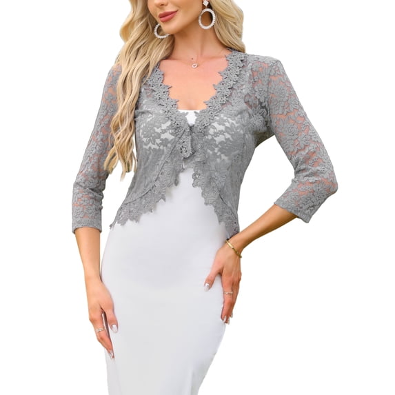 Floral Lace Shrugs for Women's Evening 3/4 Sleeves Formal Elegant Bolero Cardigan Gray XS