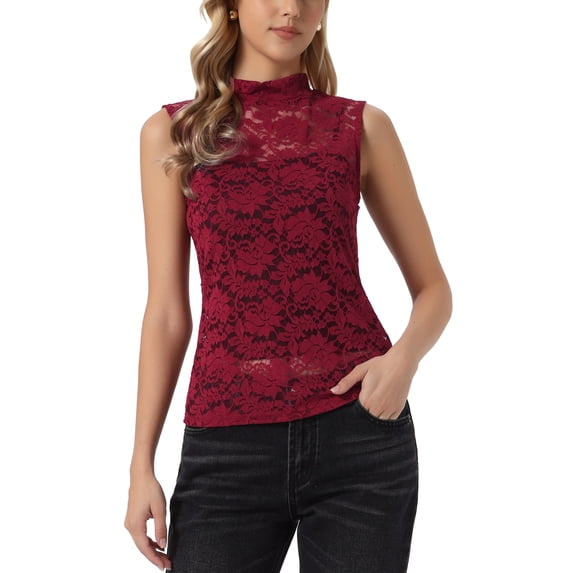 INSPIRE CHIC Floral Lace Tank for Women's Mock Neck Sleeveless See Through Tank Tops XL Dark Red