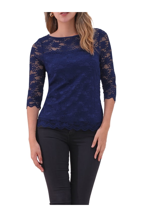 Women's Floral Lace Top 3/4 Sleeve Crew Neck Blouse M Dark Blue