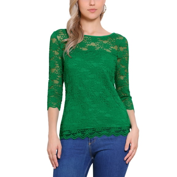 INSPIRE CHIC Women's Floral Lace Top 3/4 Sleeve Crew Neck Blouse S Green