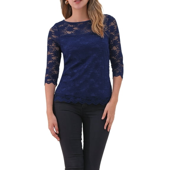 INSPIRE CHIC Women's Floral Lace Top 3/4 Sleeve Crew Neck Blouse XL Dark Blue