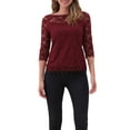 thumbnail image 1 of INSPIRE CHIC Women's Floral Lace Top 3/4 Sleeve Crew Neck Blouse XS Dark Red, 1 of 6