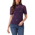 thumbnail image 1 of INSPIRE CHIC Floral Lace Top for Women's Halloween Mock Neck Puff Short Sleeve Elegant Lace Blouse Tops S Purple, 1 of 5