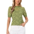 thumbnail image 1 of INSPIRE CHIC Floral Lace Top for Women's Halloween Mock Neck Puff Short Sleeve Elegant Lace Blouse Tops L Matcha Green, 1 of 6