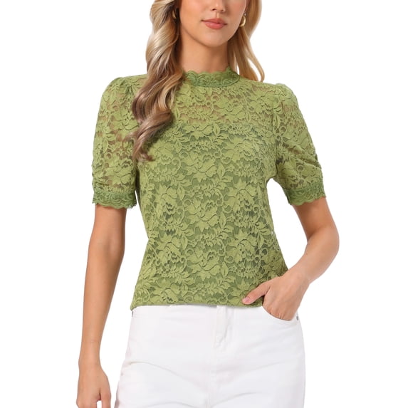 INSPIRE CHIC Floral Lace Top for Women's Halloween Mock Neck Puff Short Sleeve Elegant Lace Blouse Tops L Matcha Green