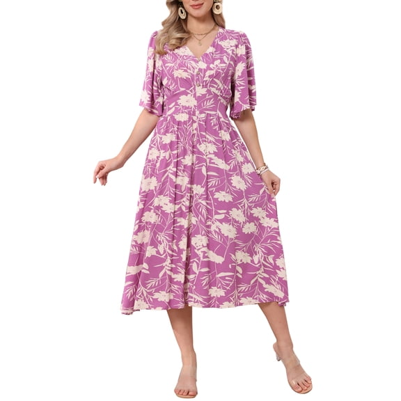 INSPIRE CHIC Floral Midi Dress for Women's Casual Summer Ruffle Sleeve V Neck A Line Beach Vacation Boho Dresses L Purple