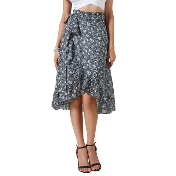 REFINED ATTIRE Floral Midi Skirt for Women's Summer Casual Ruffle Hem Tie Knot A-Line Flowy Skirts S Black