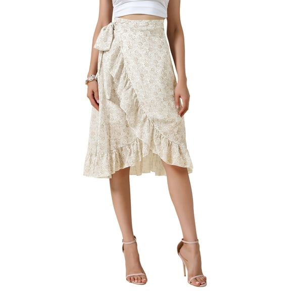 REFINED ATTIRE Floral Midi Skirt for Women's Summer Casual Ruffle Hem Tie Knot A-Line Flowy Skirts S Yellow