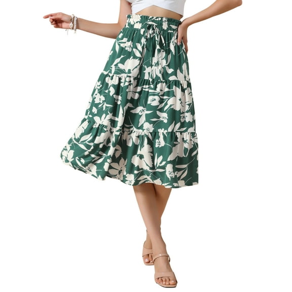 INSPIRE CHIC Floral Midi Skirt for Women's Summer Elastic Waist Dressy Casual A-line Boho Skirts M Green