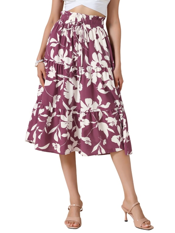 Floral Midi Skirt for Women's Summer Elastic Waist Dressy Casual A-line Boho Skirts S Burgundy