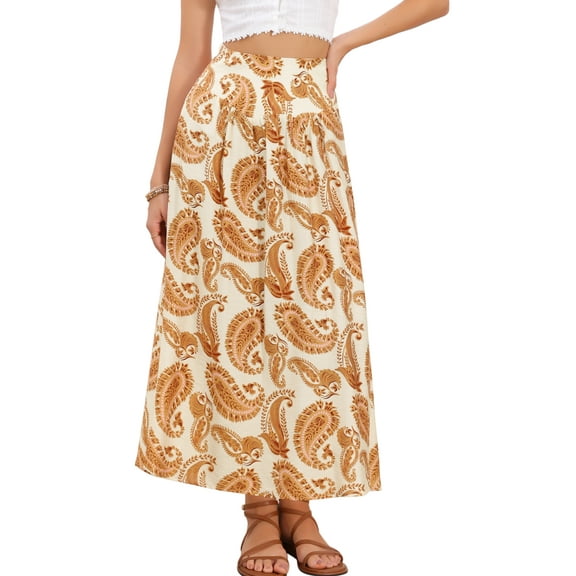 INSPIRE CHIC Floral Midi Skirt for Women's Summer High Waist Boho Paisley Print A-Line Zipper Trendy Skirts M Beige Orange