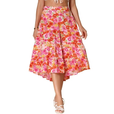 INSPIRE CHIC Floral Midi Skirts for Women's Elastic Front Irregular Hem Skirt M Pink