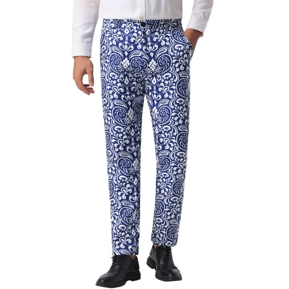 INSPIRE CHIC Floral Pants for Men's Flat Front Prom Formal Flower Dress Pants 28 Navy Blue