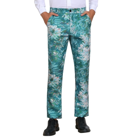 INSPIRE CHIC Floral Pants for Men's Pattern Trousers Straight Leg Flat Front Flower Printed Pants 28 Blue